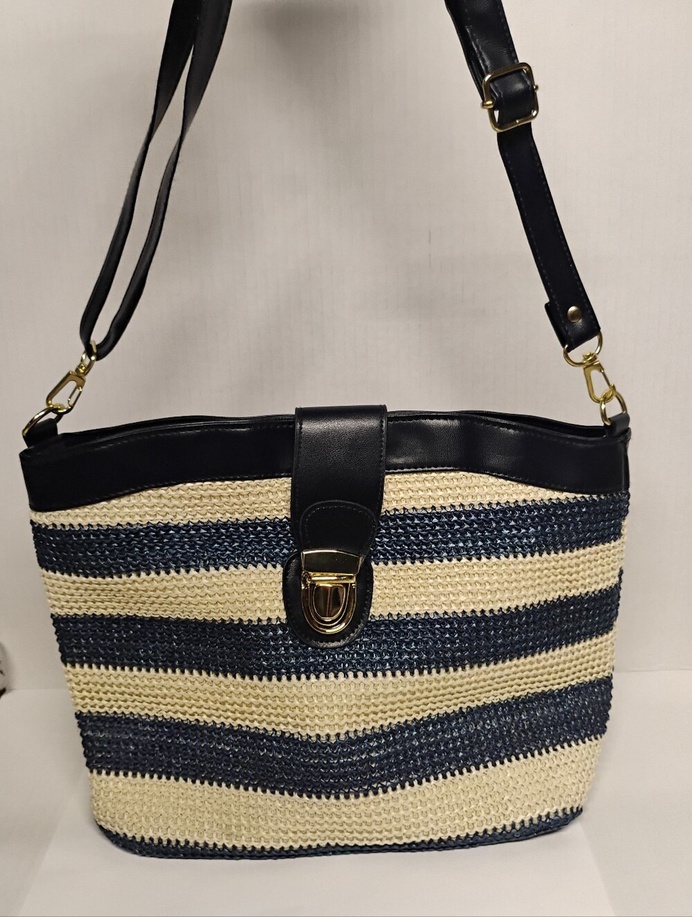 Gold Coast Woven Stripe Shoulder Bag in Navy and Cream